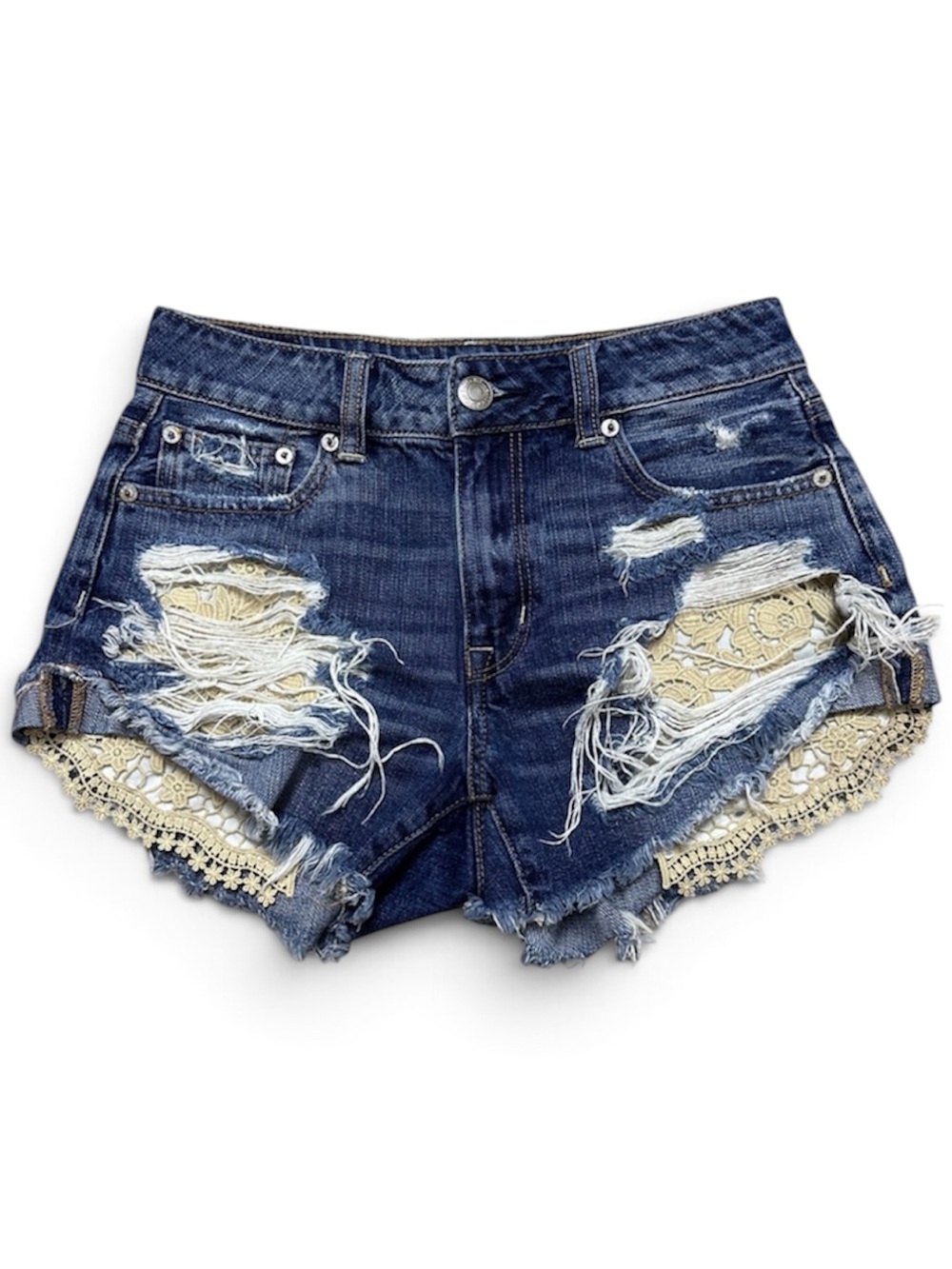 American Eagle Outfitters Dark Blue Distressed Denim Shorts with Cream Lace